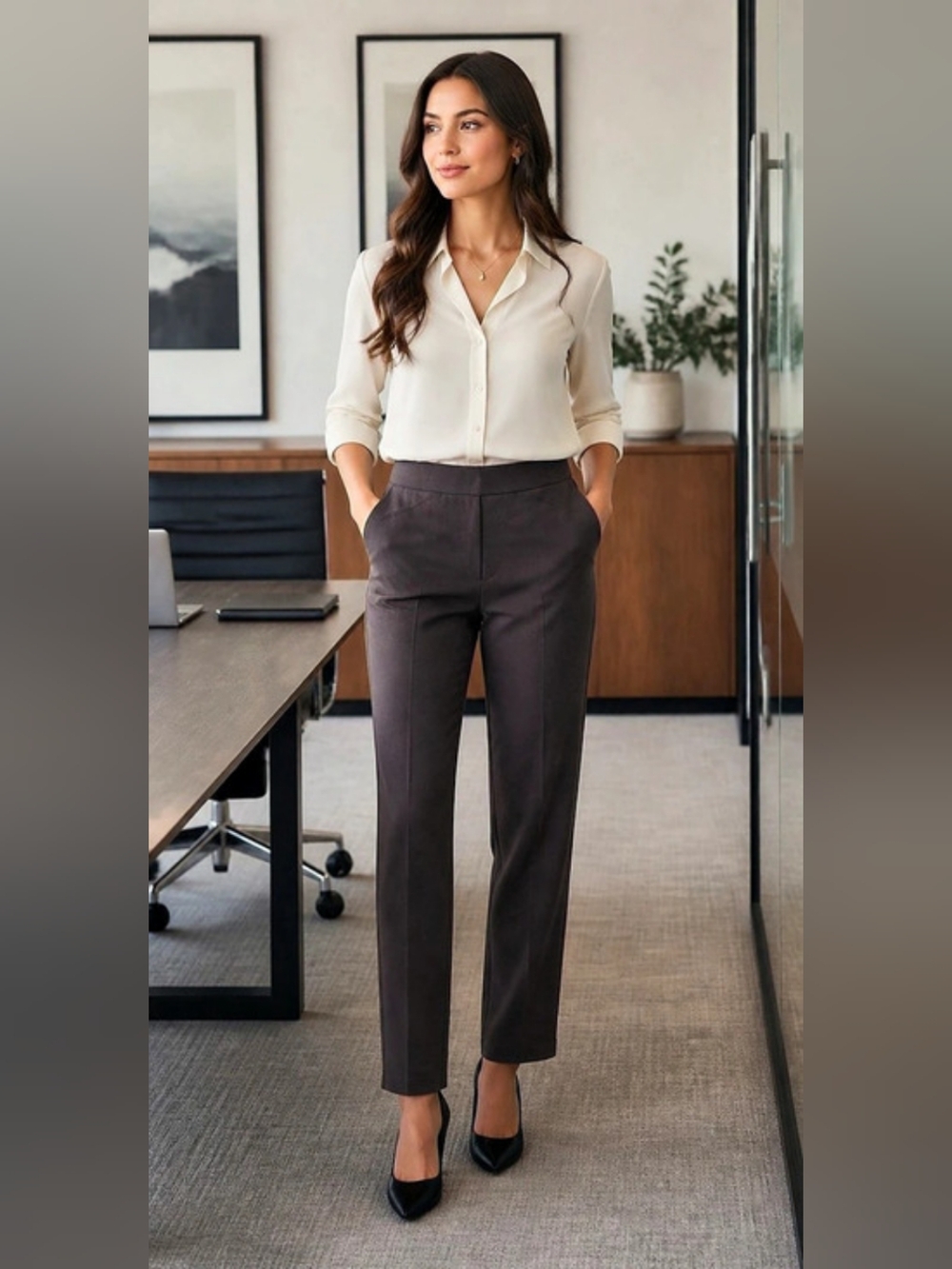 Michael Kors Women's Brown Stretch Pull-On Ponte Pants Tapered Slim Leg Size M